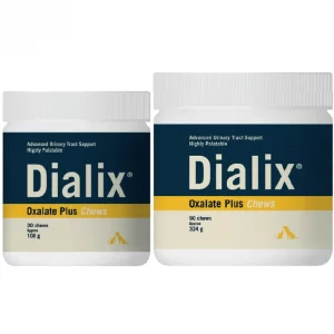 DIALIX® Oxalate Suplemento de alta palatabilidad, con citrato de potasio, vitamina B6 y Taraxacum officinale, reforzado con glucosamina y Omega-3, que ayuda a reducir la formación de urolitos de oxalato, urato y cistina y proporciona protección urinaria y renal